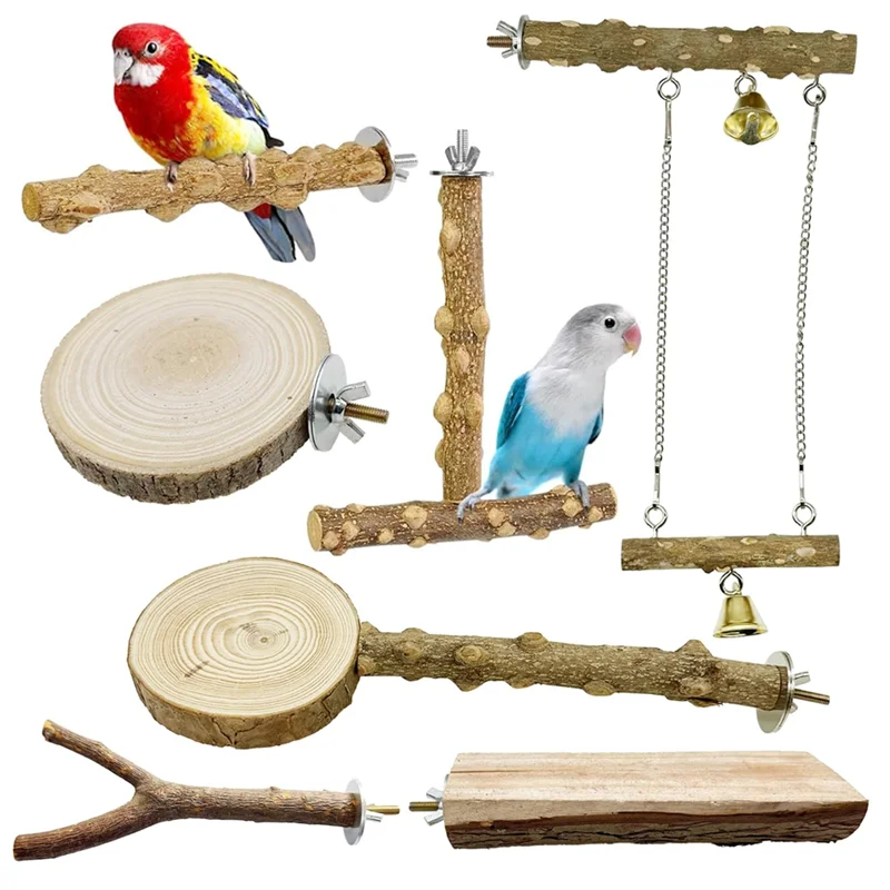 

AT19-For Birds - 7 PCS Wood Bird Perch Set For Parrots, Budgies, Cockatiels Conure Lovebirds Climbing Standing Branches