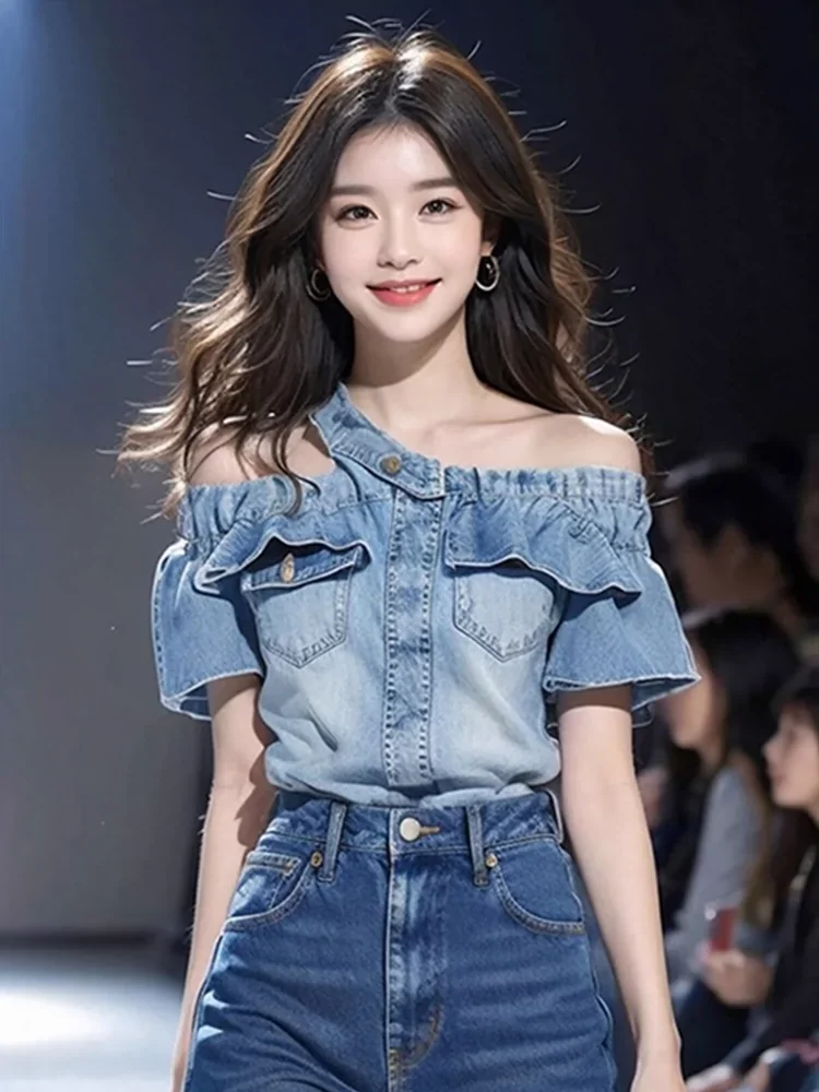 Setelan dua potong Denim Korea kemeja celana pendek lengan pendek Denim dengan desain baru musim panas blus wanita kemeja biru perempuan