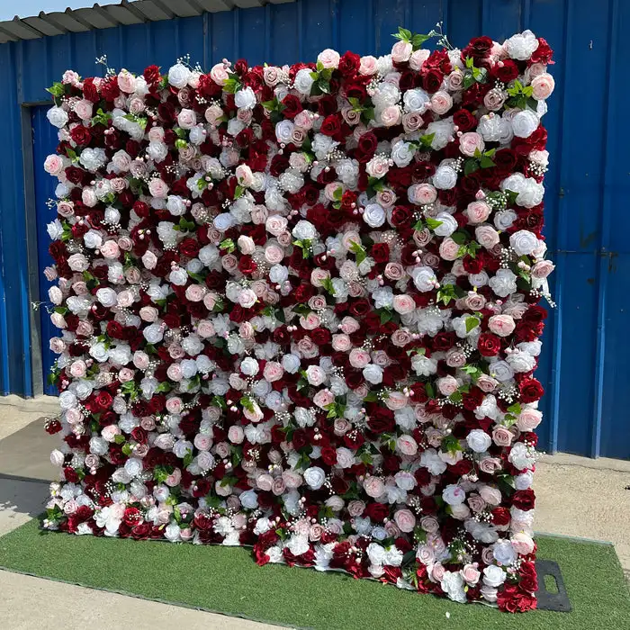 3D red rose pink Rose white hydrangea and green leaf artificial plant flower wall wedding background decoration party layout