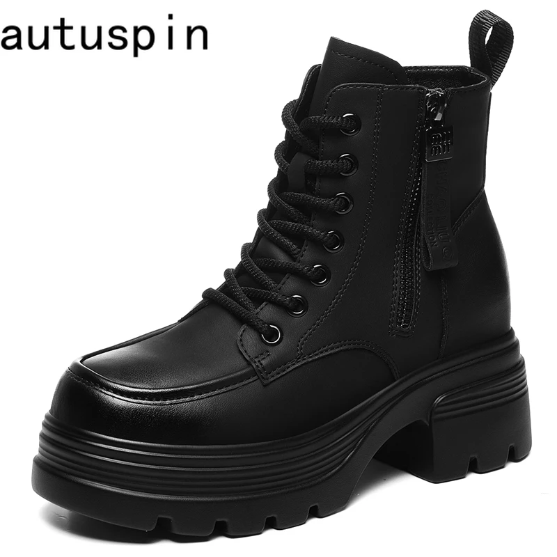 

AUTUSPIN Winter Soft Leather Ankle Boots for Women Fashion Simply Warm Velvet Ladies Shoes Office Working Leisure Short Booties