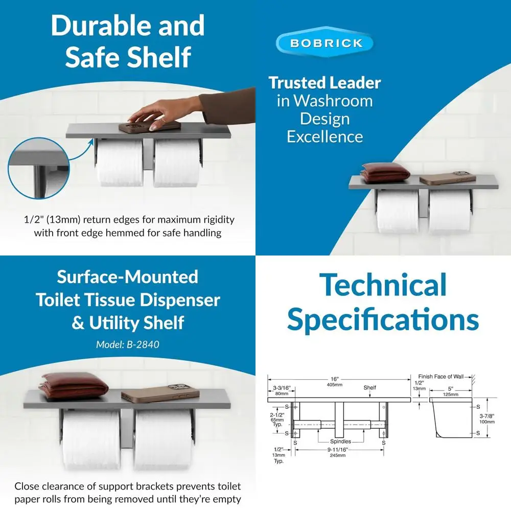 

Double Roll Surface-Mounted Satin Stainless Steel Toilet Paper Holder, Ideal for Commercial Bathrooms (Model B-2840)