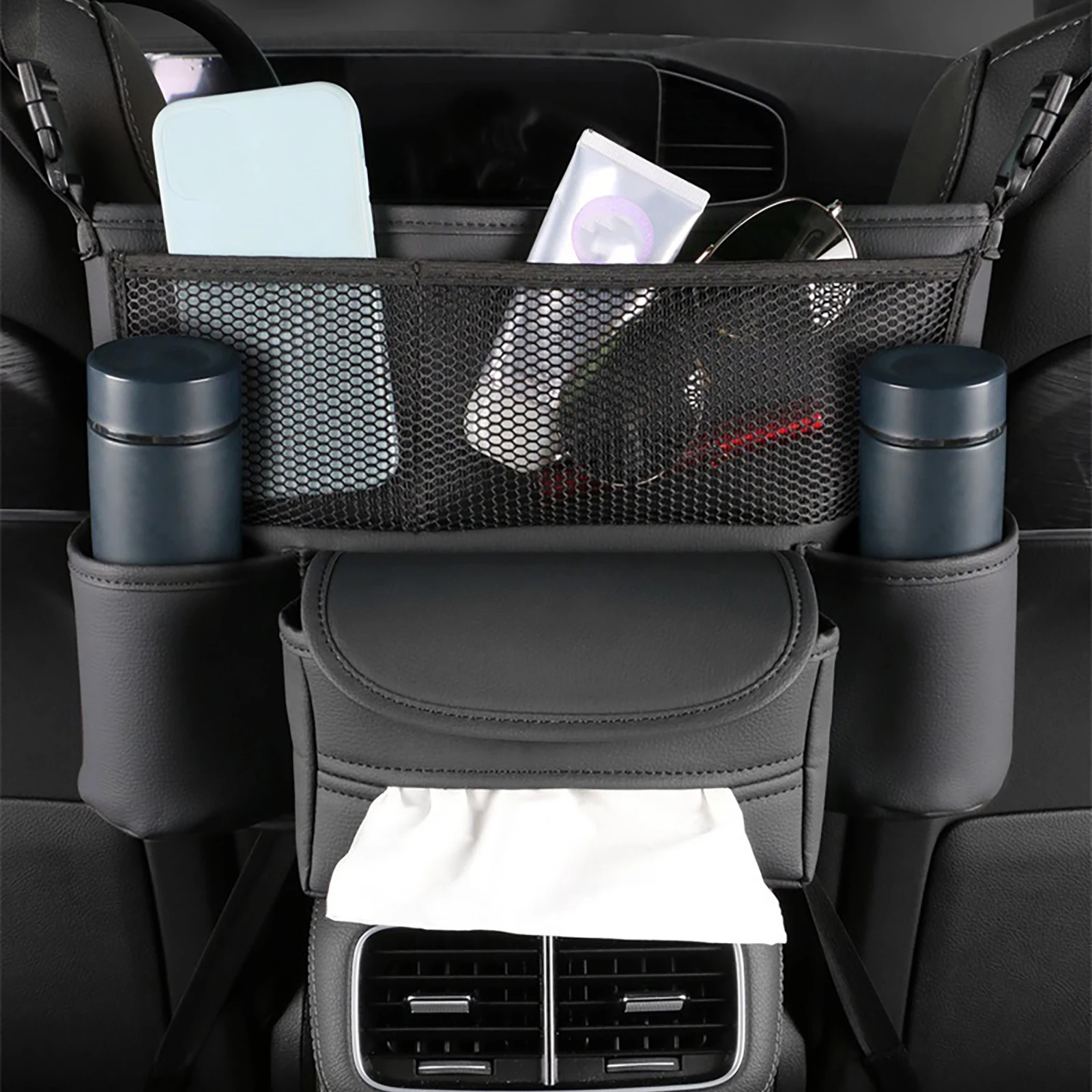 

Car Storage Bag Versatile PU Organizer between Seats Tissue Box Handbag Holder Purse Net Car Front Interior Space Saving
