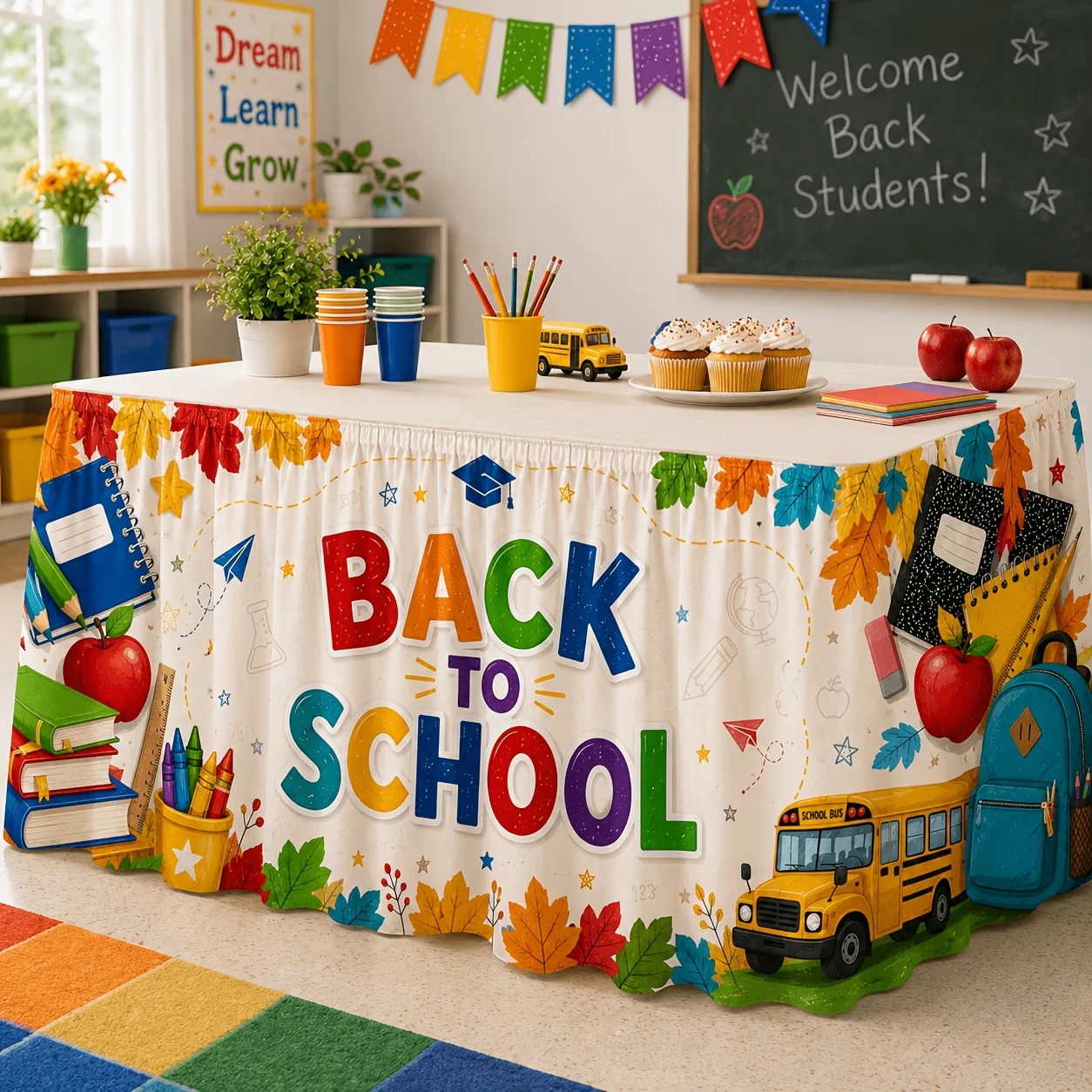 One piece per package. Include a tablecloth. Colorful theme for back-to-school. Books, crayons.