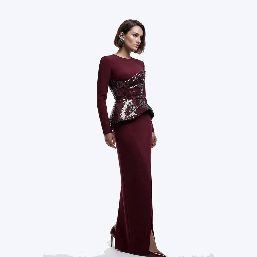 

Burgundy Long Sleeves Prom Gowns Customized Formal Occasion Straight Floor Length Slit Evening Dress with Adjustable Sash Gown
