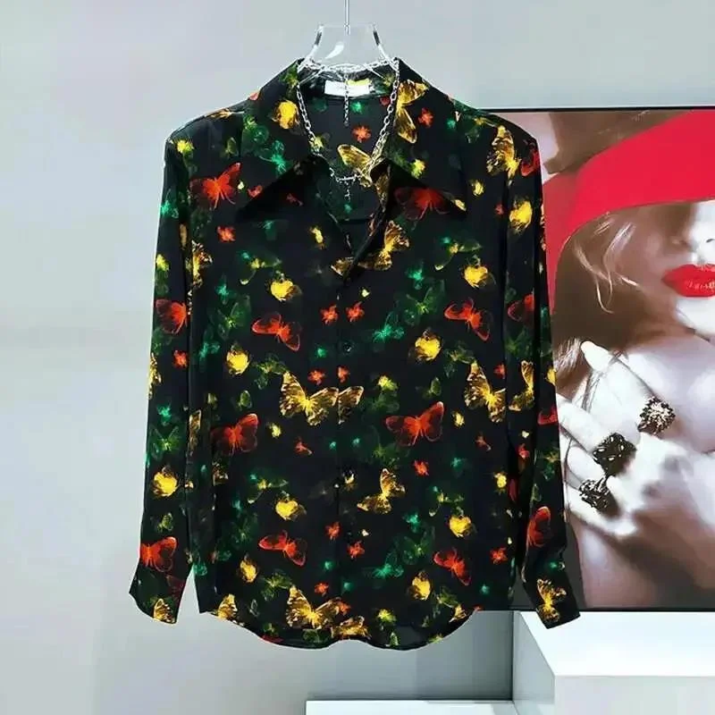 Niche Design Men's Shirts Butterfly Pringing Chiffon Long Sleeve Tops Turn-down Collarcontrast Color Male Shirt CFD56