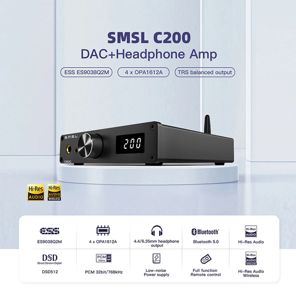 SMSL C200 Bluetooth 5.1 USB C DAC HiFi Headphone Earphone Audio Amp Amplifier Balanced 4.4mm 6.35mm Output Decoder for PS4 PS5