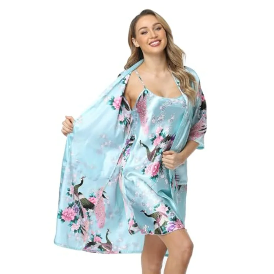 Women's Floral Satin Kimono Robe and Nightgown Set with Camisole 2 Pcs Sleepwear Peacock Bathrobe