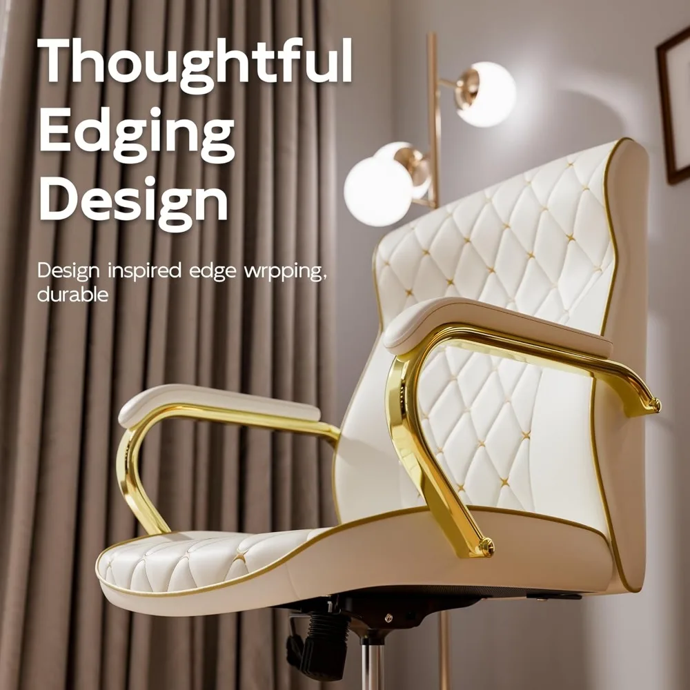 كرسي مكتب تنفيذي دوار متوسط الظهر مع تطريز جلدي ناعم، كرسي مكتب أبيض وذهبي على عجلات للمراحة #4