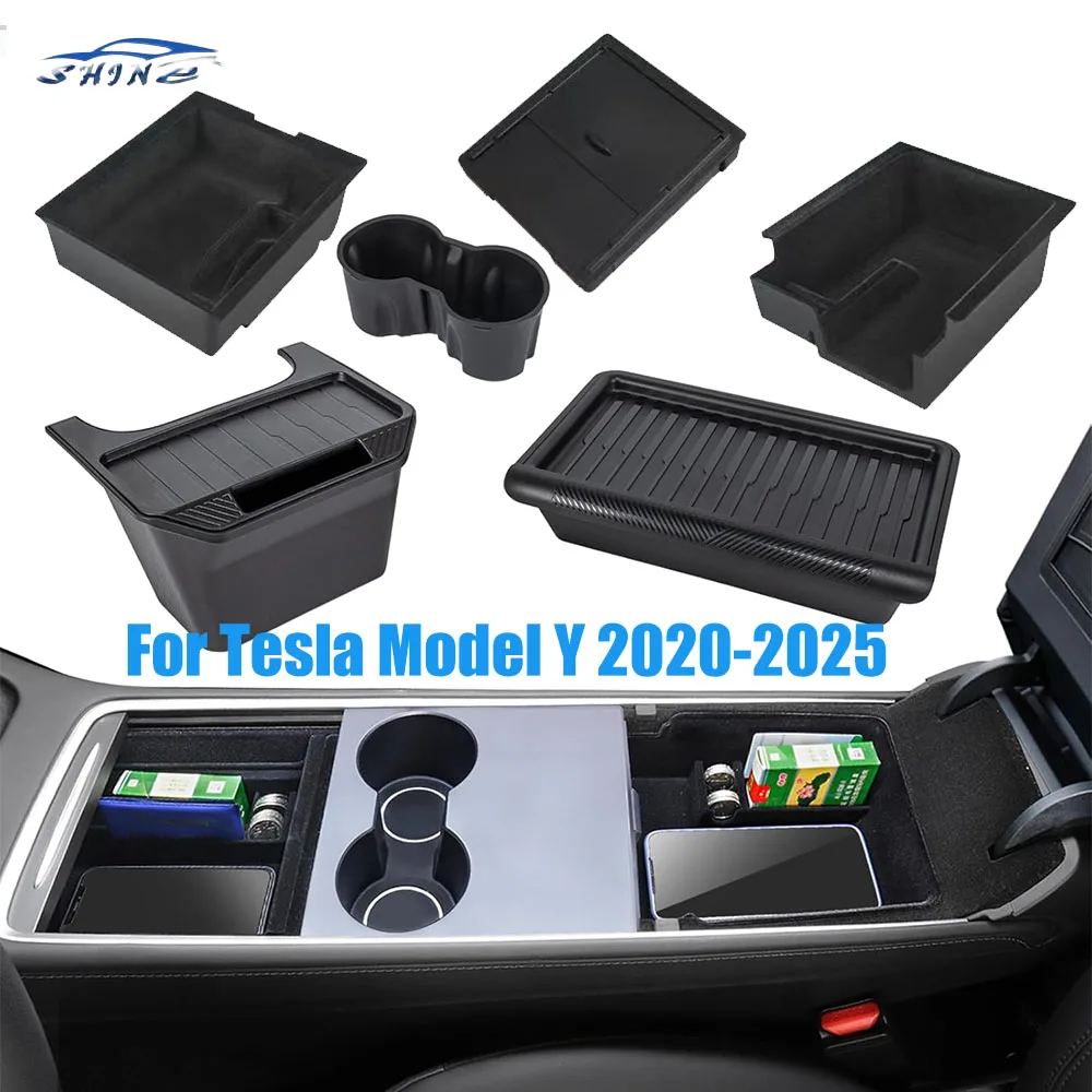 

For Tesla Model Y 2024 Hidden Storage Box Car Center Console Armrest Front Rear Flocking Layered Grid Organized Container Slide