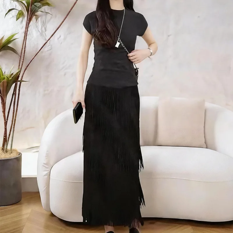 Miyake Pleated 2026 New Black Fringed Skirt for Women High Waist Slim Fit Mid-Length Draped Layered Stylish Design Skirt Pleat