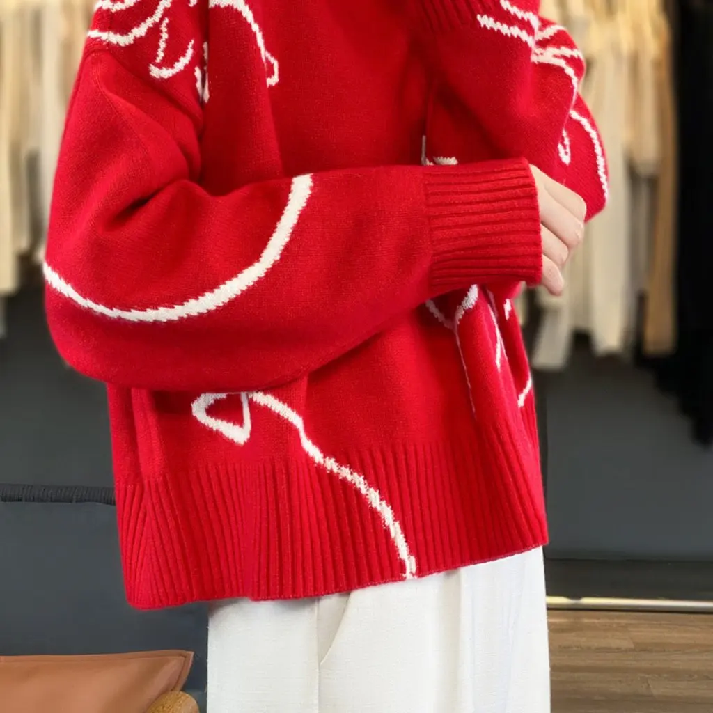 

Winter Women's Turtleneck Red Sweater Korean Style Loose Fit Pullover Chinese Year of the Dragon New Arrival