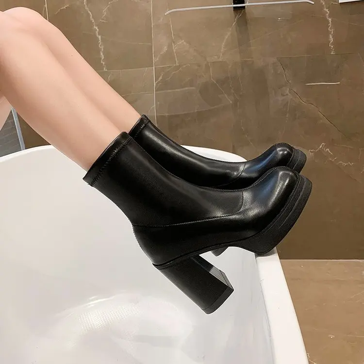 Winter Boots Lady Boots-Women Shoes Zipper Luxury Designer 2024 Rubber High Heel Ankle Fashion Rome Solid PU Basic Square Toe