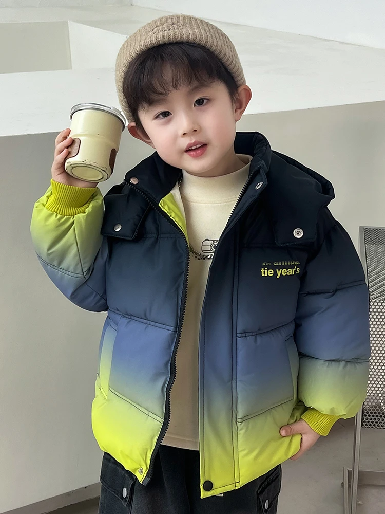 

Boys Fce Lined Cotton Jaet Children's Winter Thiened down adient Coat Youth Faionable Hooded Long Sve Zipper Cl...