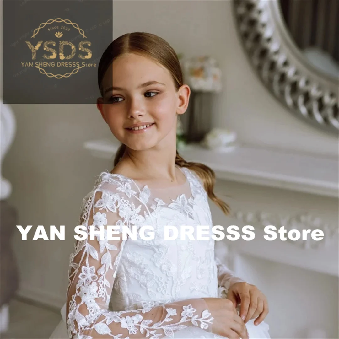 Vestidos florais personalizados para meninas, apliques de renda de tule branco com laço e manga comprida para festa de aniversário de casamento, vestidos de primeira comunhão