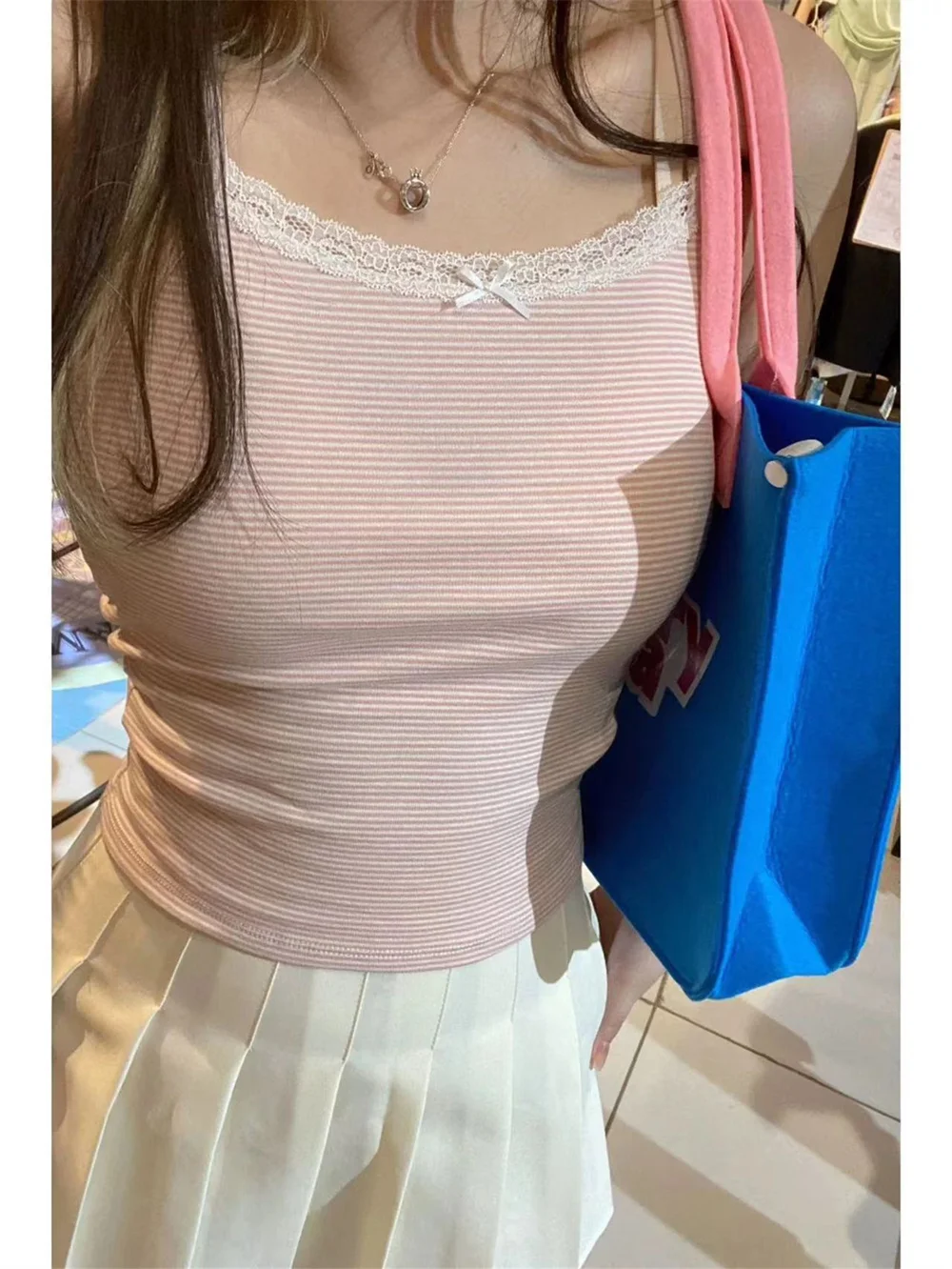 PUWD Women Sweet Pink Brace 2024 Ladies Striped Slim Ropa De Mujer Comfortable Trashy Lace Crop Top For Women's Tank Tops