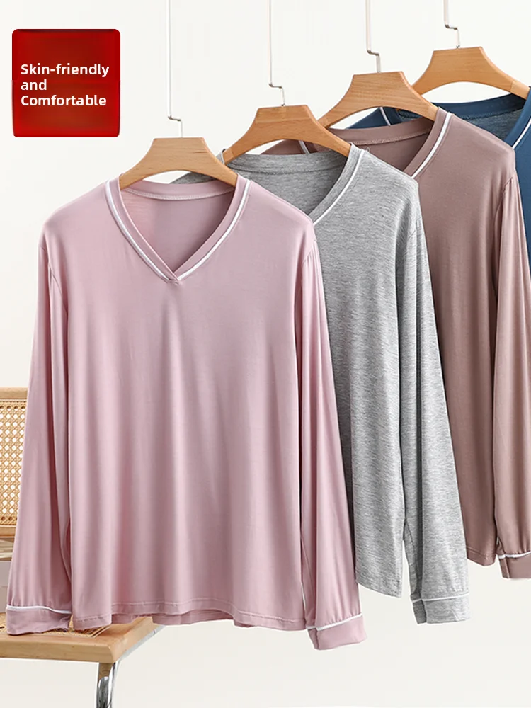 

Loose Modal Base Shirt Women's Spring Autumn Thin Long Sleeve V-neck Slimming Home Top Outerwear Large Size T-shirt