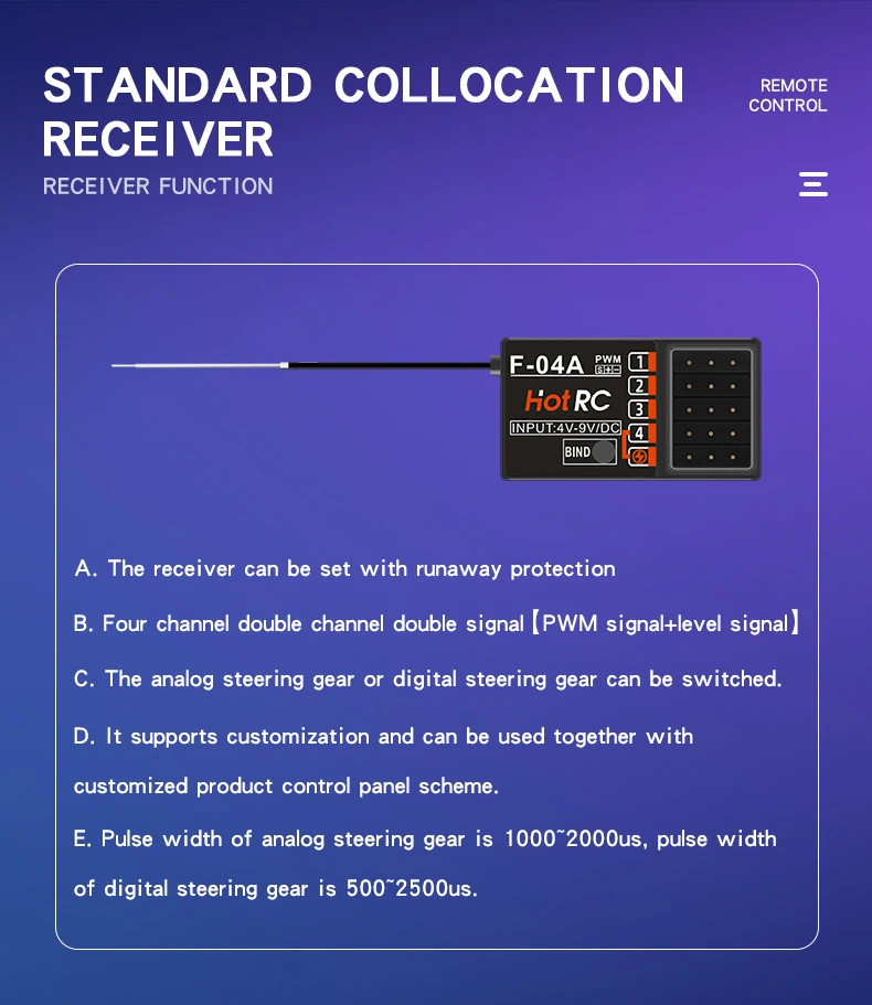 HOTRC DS-4A 4CH 2.4GHz Digital Radio Transmitter One-handed Control with F-04A Receiver for RC Car Truck Tank Crawler Boat Model