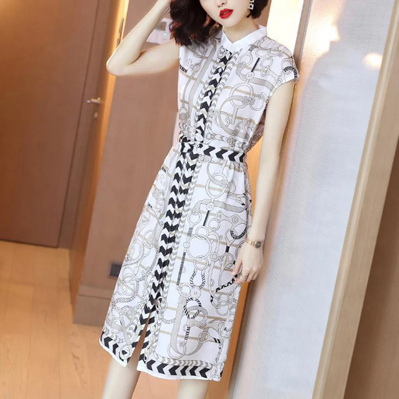 

Elegant Stand Collar Button Spliced Loose Printed Bandage Midi Dress Women's Clothing 2024 Summer New Office Lady Floral Dress