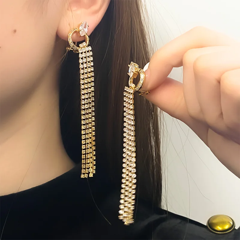 

Brass With 18K AAA Zircon Long Tassel Drop Earrings Punk Party Gown Runway Boucle d'oreille Korean Japan Style Fashion