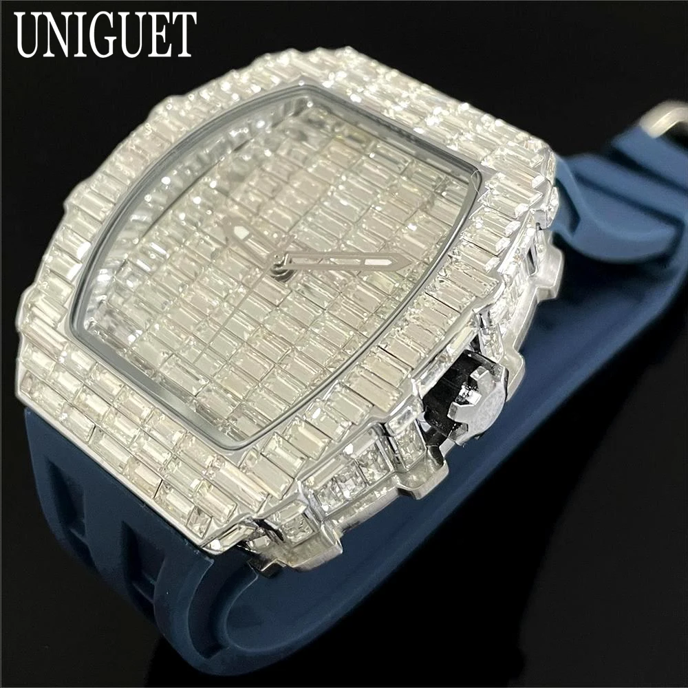 2024 New Iced Watch For Men Brand UNIGUET Lxuxry Steel Quartz Watch Hip Hop Baguette Diamond Tonneau Wristwatch Man Dropshipping