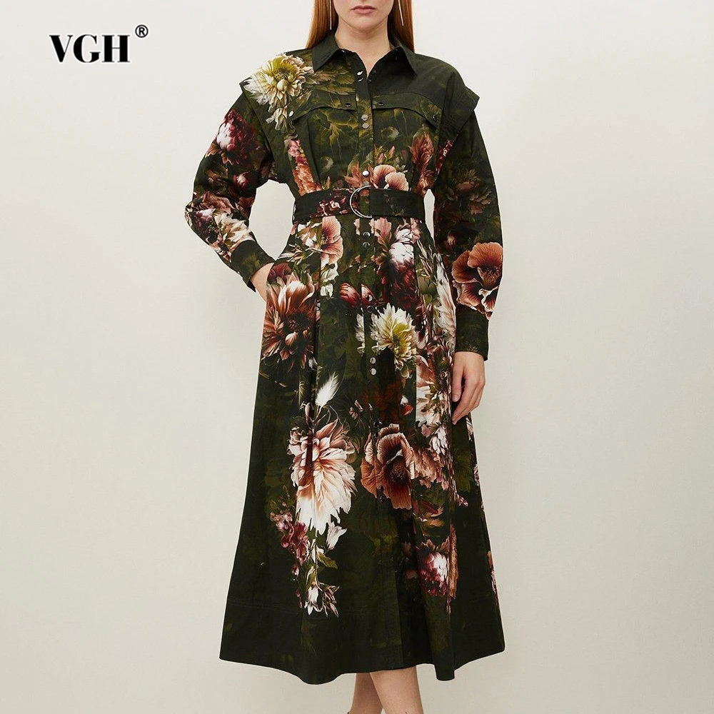 

VGH Folar Printed Vintage Spliced Pocket Dress for Women Lapel Long Sleeves Patchwork Sashes Temperament Dresses Female Clothing