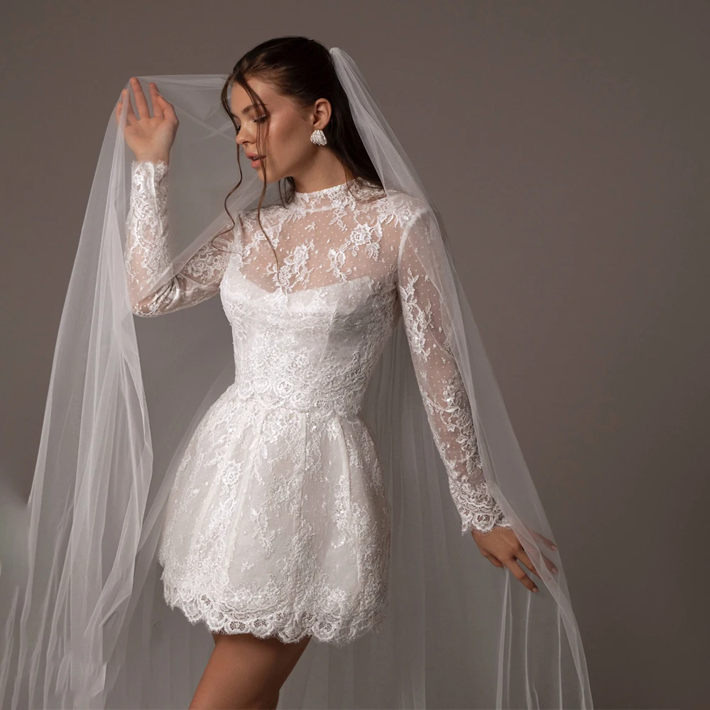 Mini vestidos de casamento de renda completa removível superior mangas compridas vestido de noiva para casamento feito sob encomenda vestido de festa de noiva
