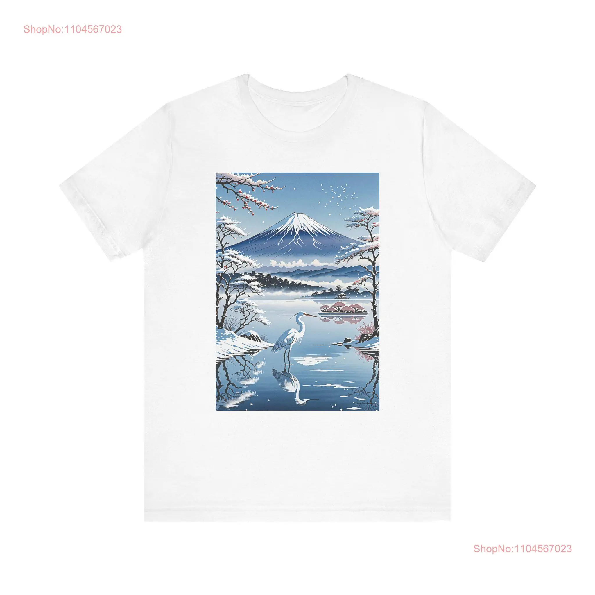 Winter Serenity Japanese Snow Covered Fuji and Egret Art T Shirt long or short sleeves