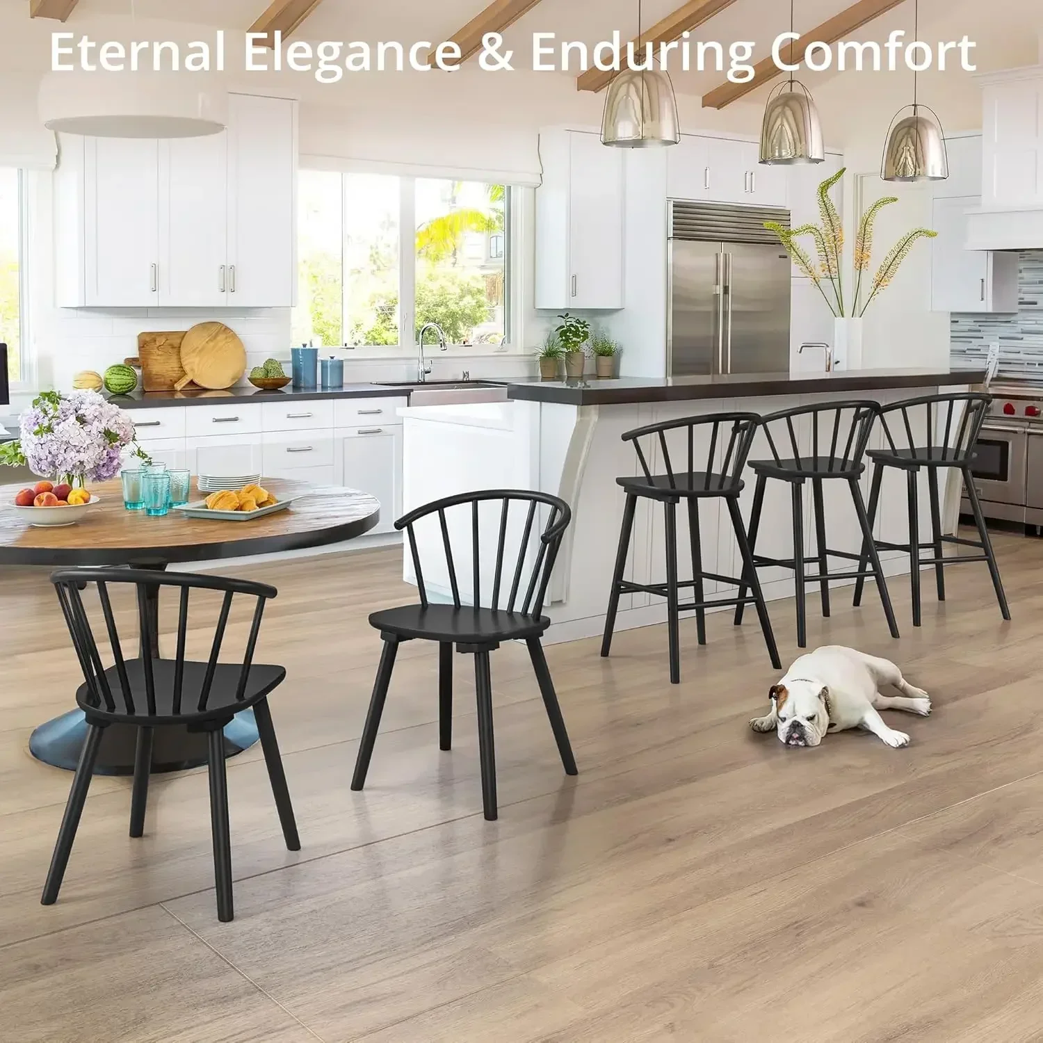 Wood Bar Stools with Semicircular Backrest, Black  , Modern Counter Height Bar Stools for Kitchen Island Pub, 26 Inch