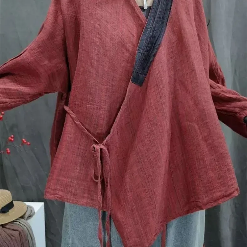 

Autumn New Make Old Linen Irregular Jacket Women Chinese Style Loose Casual Slanted Collar Lace Up Small Blouse Jackets
