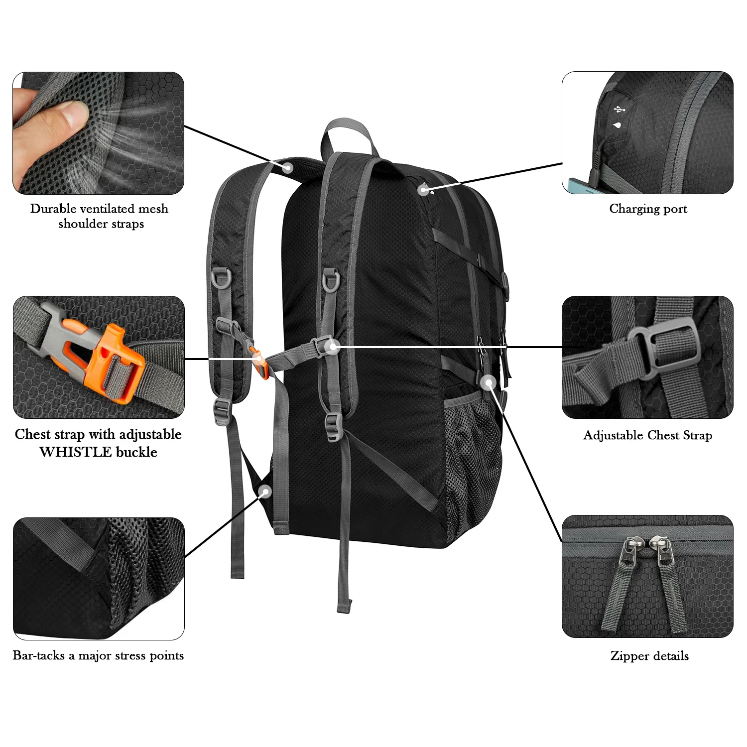 POKARLA Mochila ligera y plegable de 40L, mochila para senderismo, mochila para caminar, mochila plegable para deportes de acampada al aire libre