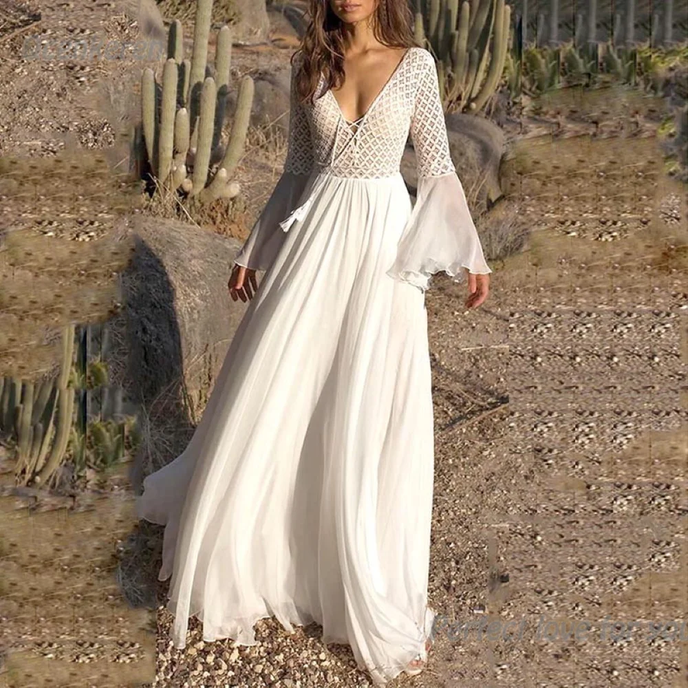 

Qcenkeren Wedding Dresses V-Neck Full Sleeve Women A-Line Bridal Gowns Brazil Boho Elegant Net Lace Vestido de Noiva 2024