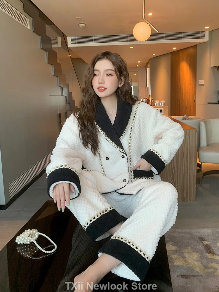 Coral Velvet Pajamas For Women In Winter New Style Thickened Warm Flannel Cardigan Household Suit Brand style casual sleepwear