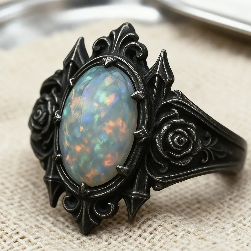 European and American new fashion rose-shaped colored treasure inlaid with personalized retro women's ring