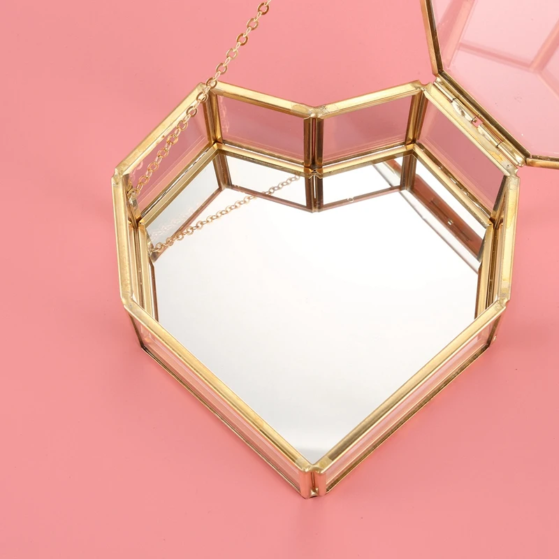 A74E-Flip Love Heart Shaped Geometric Glass Jewelry Box Glass Ring Box Exquisite Unique Wedding Jewelry Box Ring For Wedding Dec
