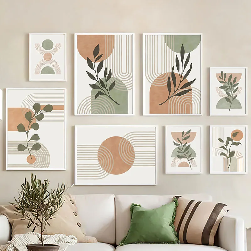 Boho Green Leaves Sun Line Rainbow Geometry Wall Art Canvas Painting Abstract Posters And Prints Pictures For Living Room Decor
