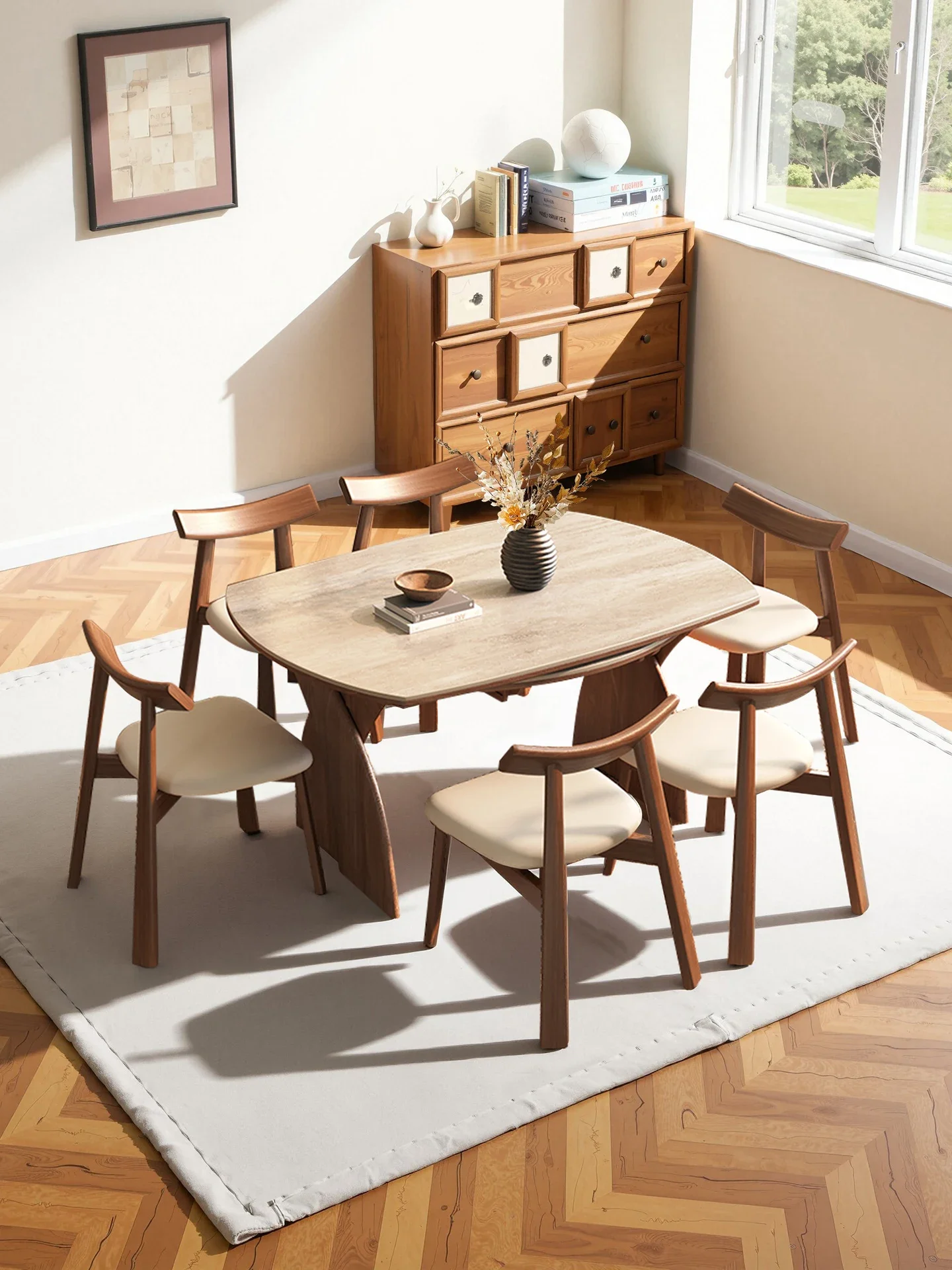 Travertine rock slab dining table walnut medium antique solid wood telescopic folding dining table and chairs variable