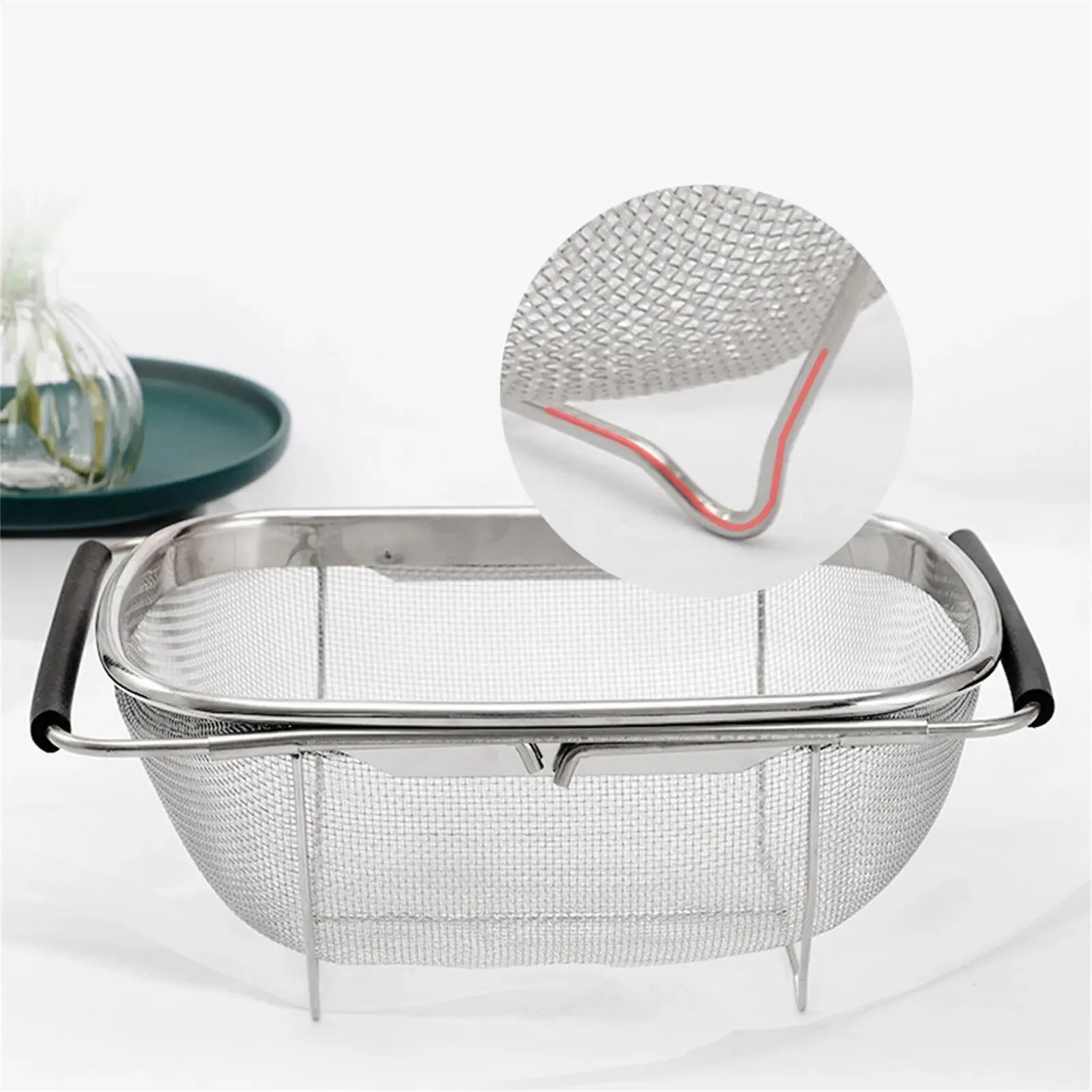 Kitchen Supply Over The Sink Deep Well Oval Stainless Steel Colander Fine Mesh W/ Extendable Handle