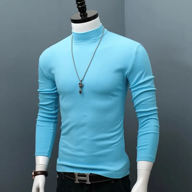 Men's Slim Fit Half Turtleneck Long Sleeve Cotton T Shirt Warm Solid Color Inner Base Top for Autumn Winter