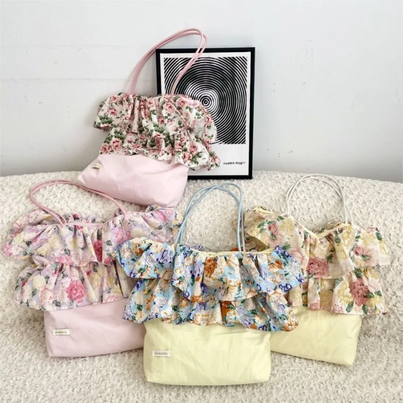 Harajuku زهرة كشكش تقليم الوردي حقائب كتف المرأة الحلو لطيف شيك Y2k حقيبة يد الإناث تنوعا سعة كبيرة حمل حقيبة 2025
