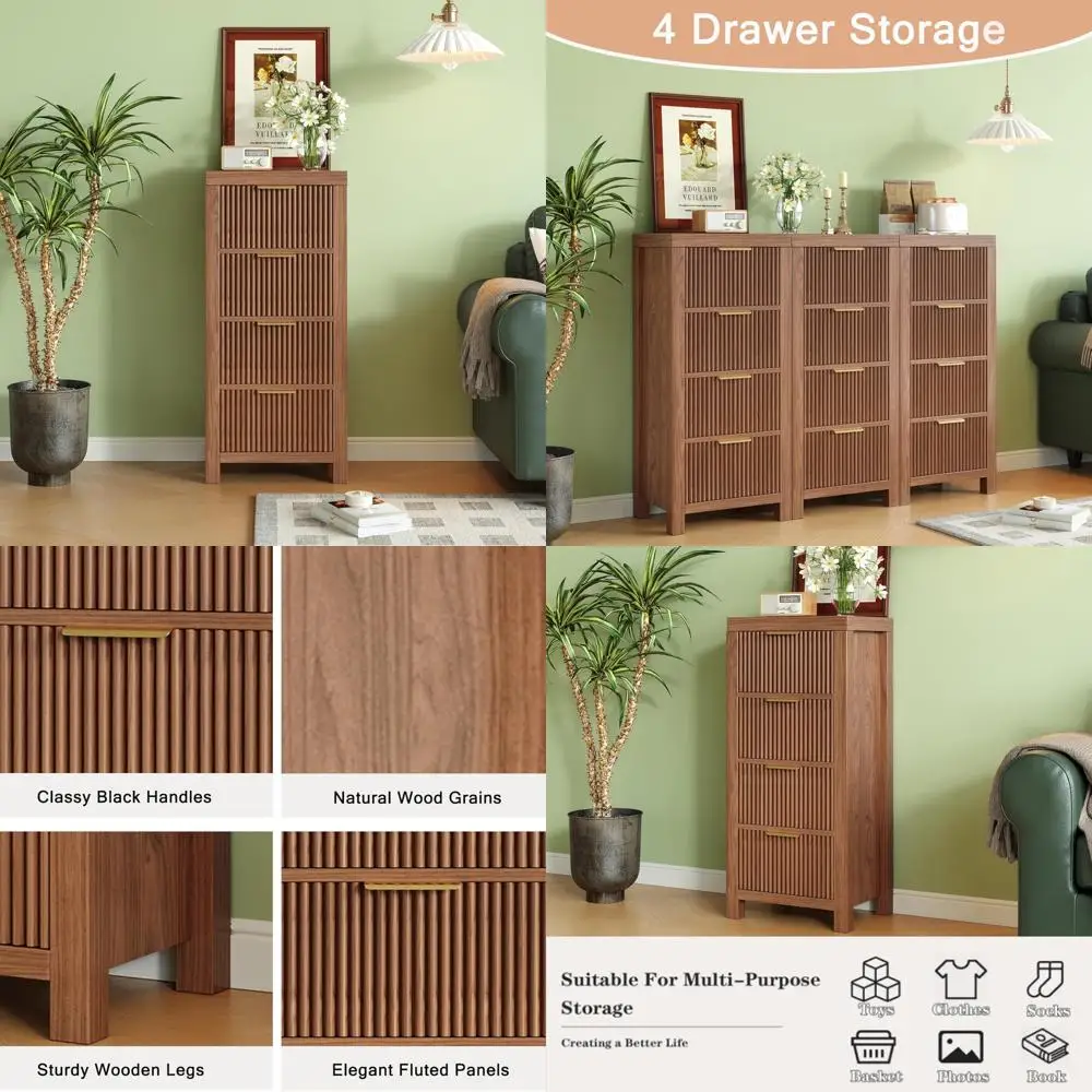 mid-century modern tall wooden dresser with 4 spacious drawers, entryway storage chest with smooth metal handles, bedroom clothe