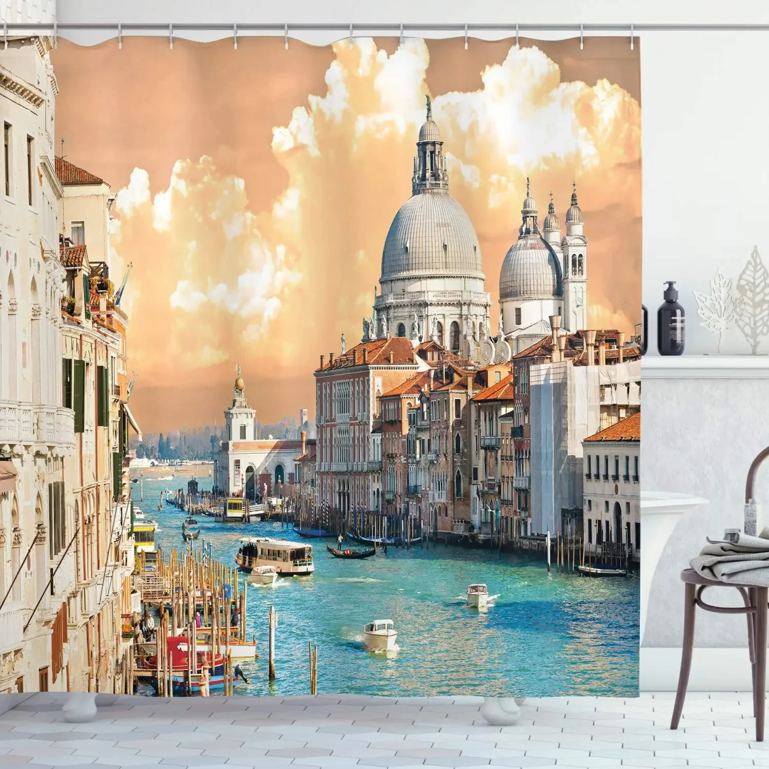 European Shower Curtain Grand Canal in Venice Horizon Town International Heritage Urban Image Bathroom Set with Hooks Home Decor