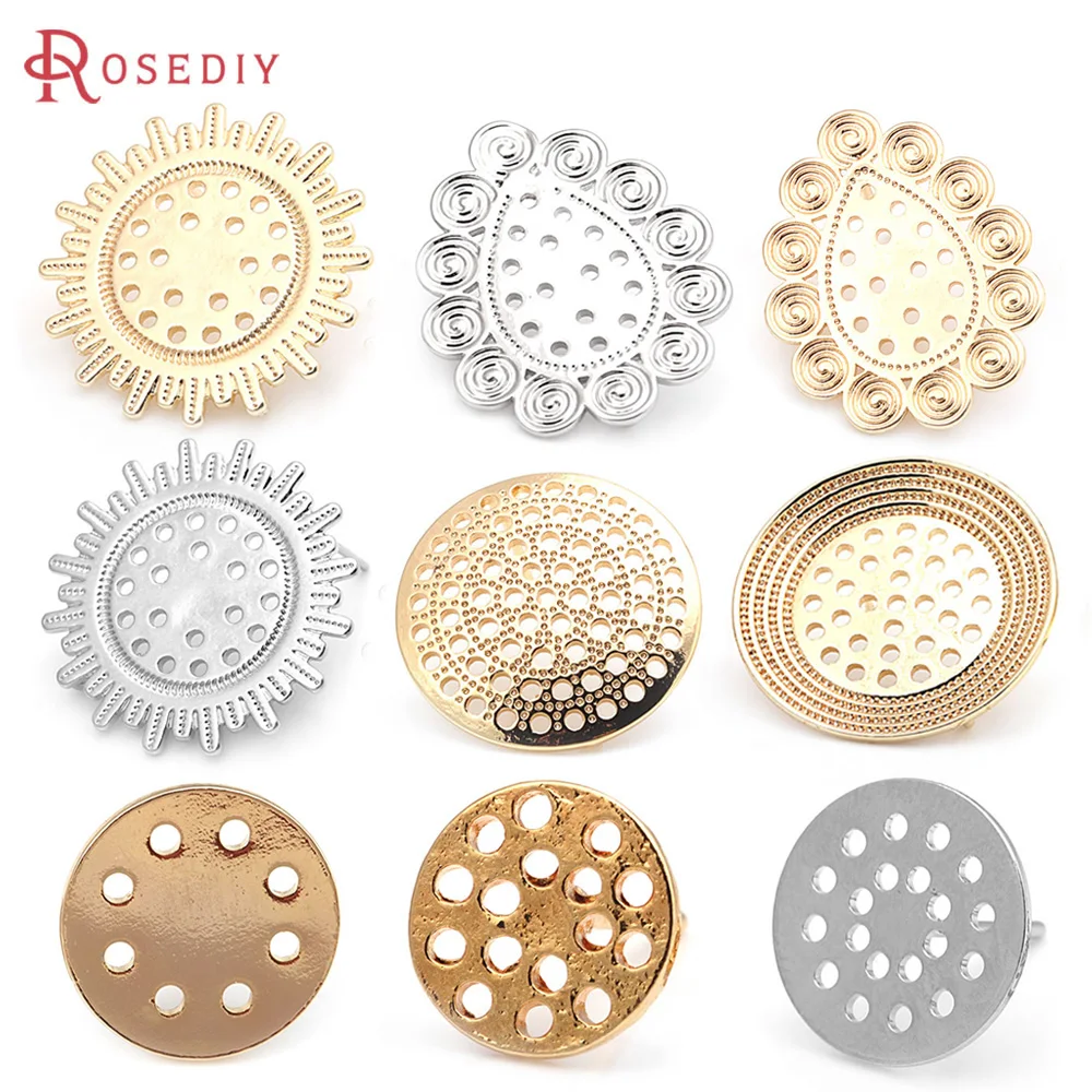 18K Gold Color Brass Many Hole Round Stud Earrings Pins Earrings High Quality Diy Jewelry Making Supplies Accessories for Women