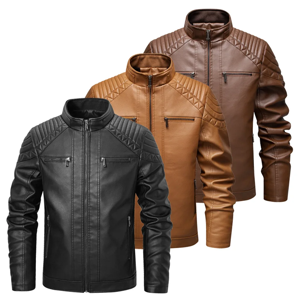 New Men's PU Leather With Fleece, European Size, Zipper Placket, Street Style Motorcycle Jacket, Autumn Winter