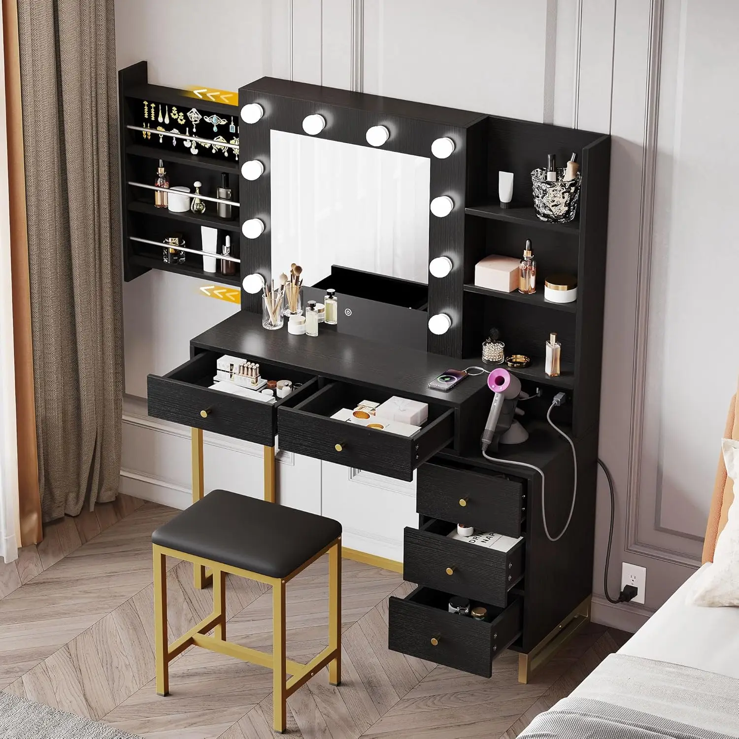 

Makeup Vanity Desk with Mirror & Power Outlet, Vanity Set with Hidden Jewelry Storage Hollywood Dressing Table with Stool