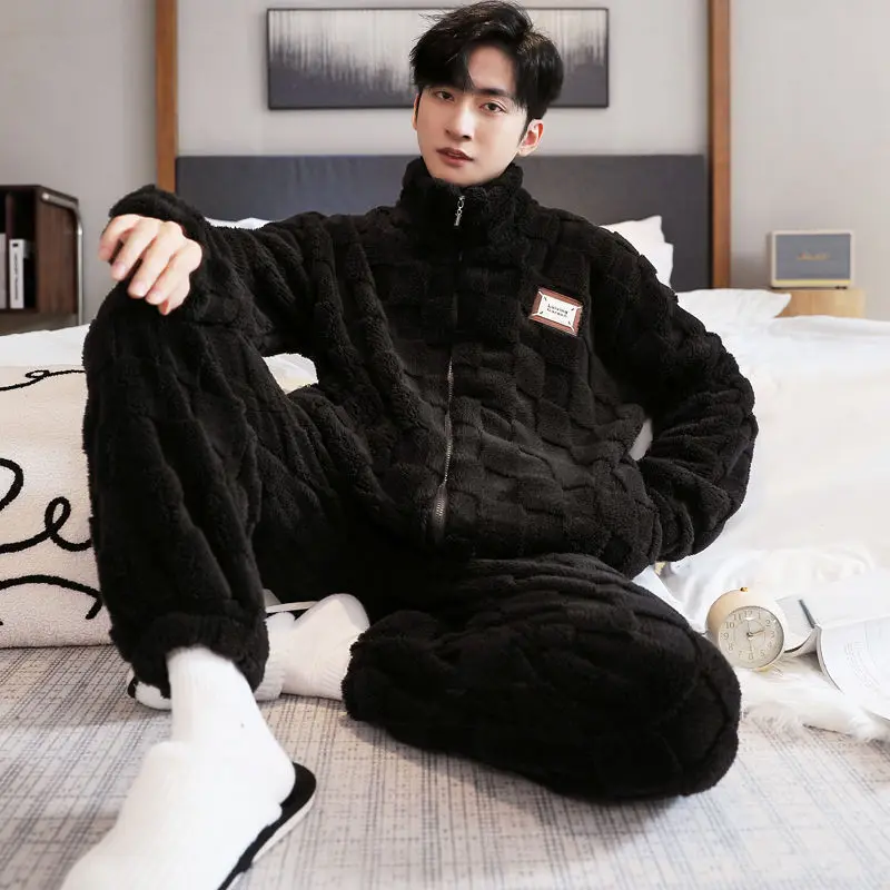 Zipper Pajamas for Men Fleece Winter Sleepwear Korean Sleeping Night Wear Solid Pijama 2 Pcs Pants Sets Warm Home Suit 2024 New