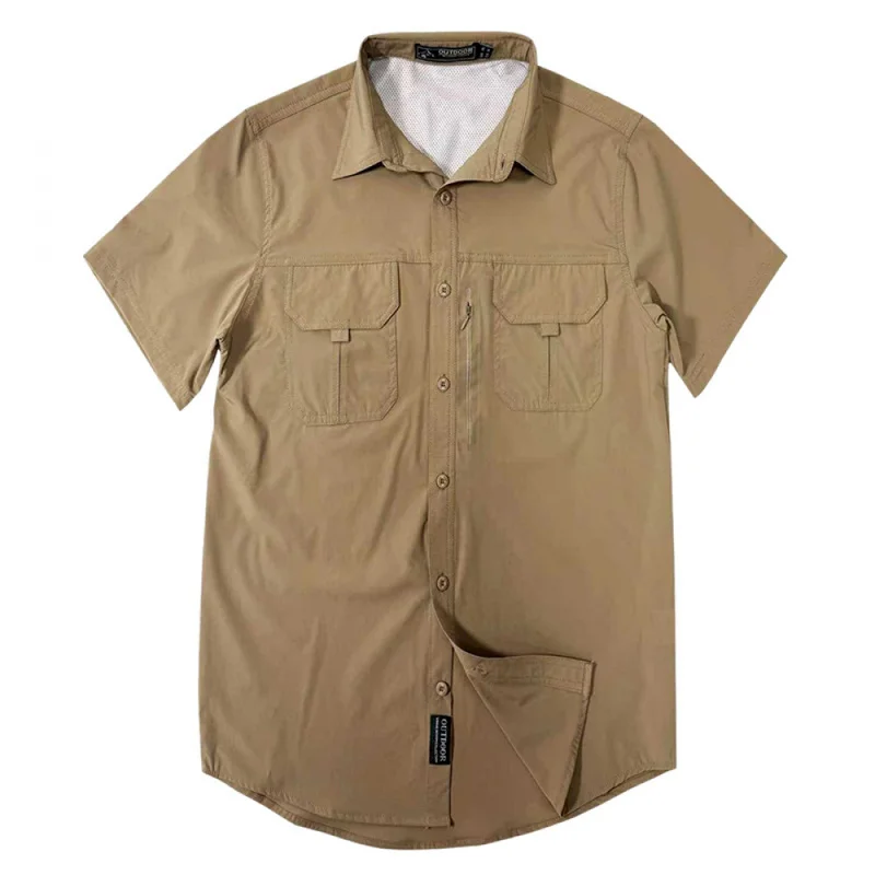 QICHE 2026 Men Summer Outdoor Multi‑Pocket Cargo Short‑Sleeve Shirt Ice‑Silk Stretch Breathable Thin Casual Blouse
