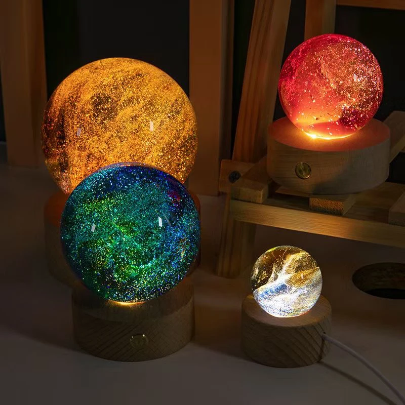 Colorful Glass ball Astronomy Planets Crystal Ball Cosmic Model Ornaments Sphere Wood Stand Night Home Decoration Birthday Gift