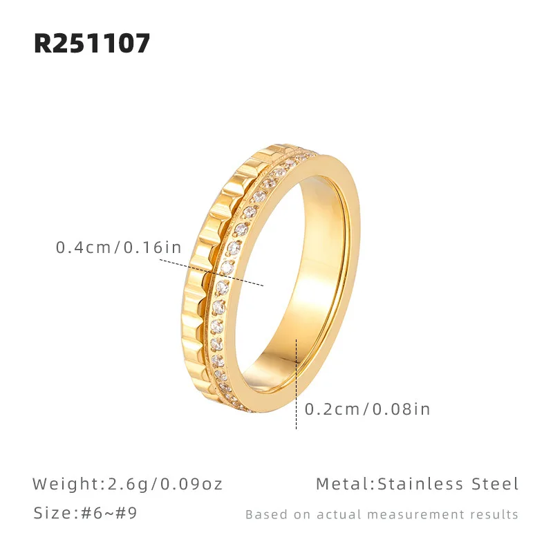Full Paved Zircon Gear Ring 18K Gold Plated Stainless Steel Eternity Band Trendy Stackable Jewelry Gift for Her