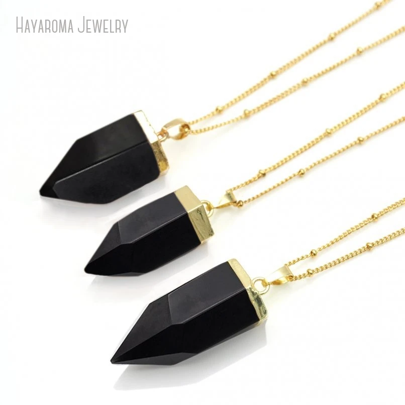 

5Pcs Wholesale Jewelry Hexagonal Prisms Point Gold Color Obsidian Necklace NM52224