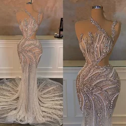 Glamorous Wedding Dresses Crystal Pearls Beading Bride Gown See Through Bridal Dress Illusion Custom Made Vestidos De Novia